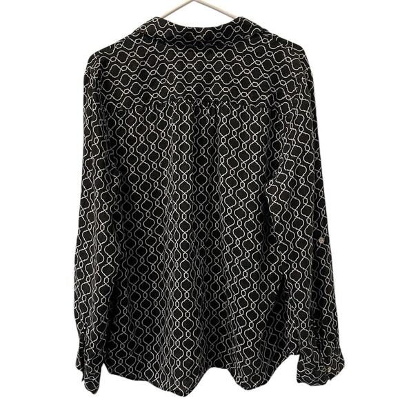 Charter Club Sz XL Linen Blouse Top Black White Long Sleeves Roll Tab - Picture 10 of 10